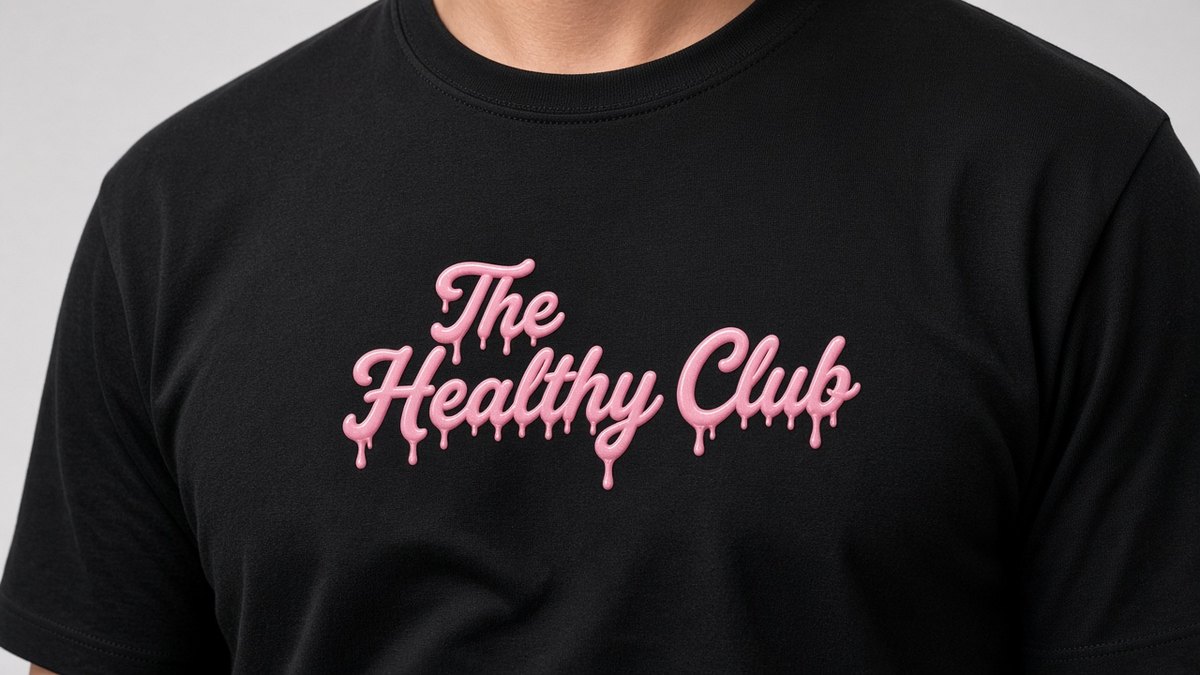Concept photo of a worn black tee with The Healthy Club candy script print