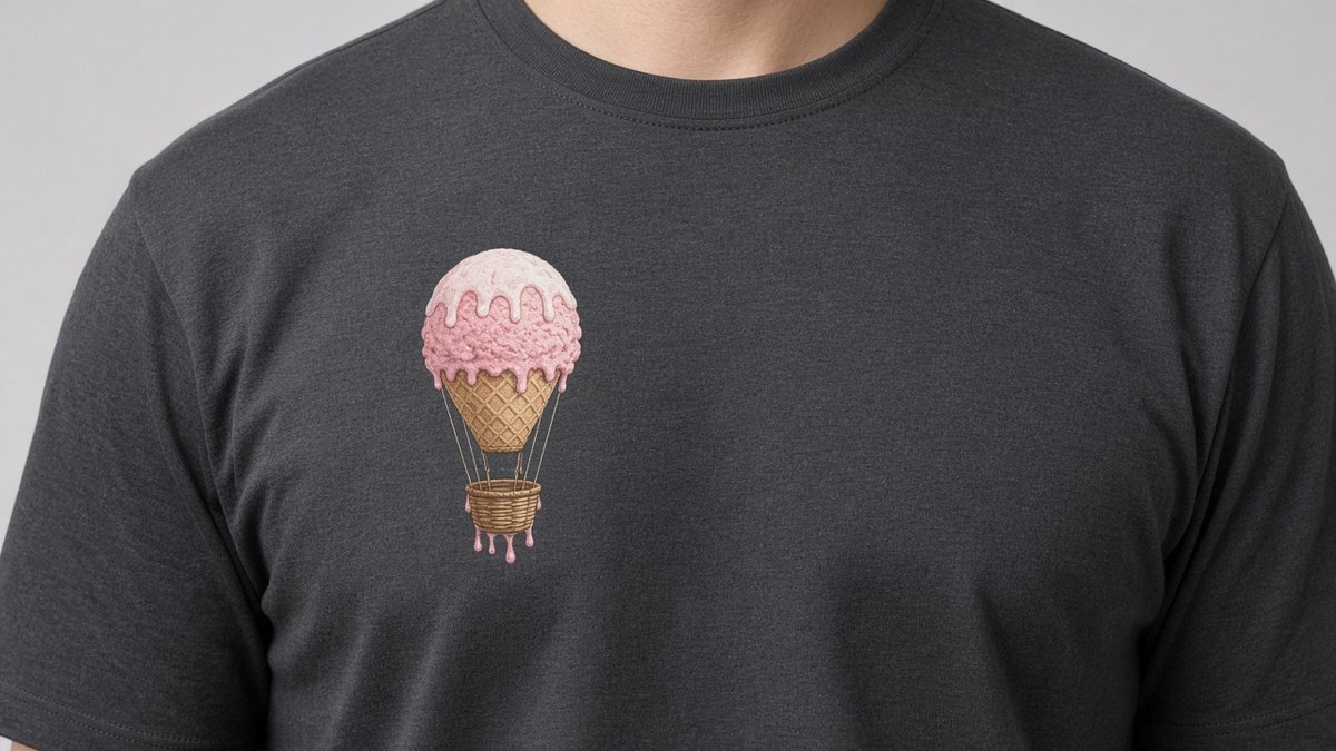 Concept photo of a worn dark tee with the ice cream balloon print