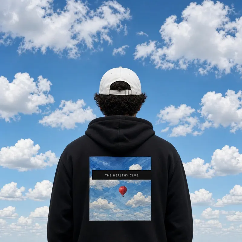 Concept art of a hoodie back with a sky and balloon print